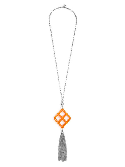 Lattice Tassel Pendant Necklace- silver/bright orange