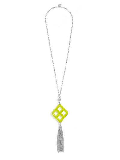 Lattice Tassel Pendant Necklace - Silver/Lime