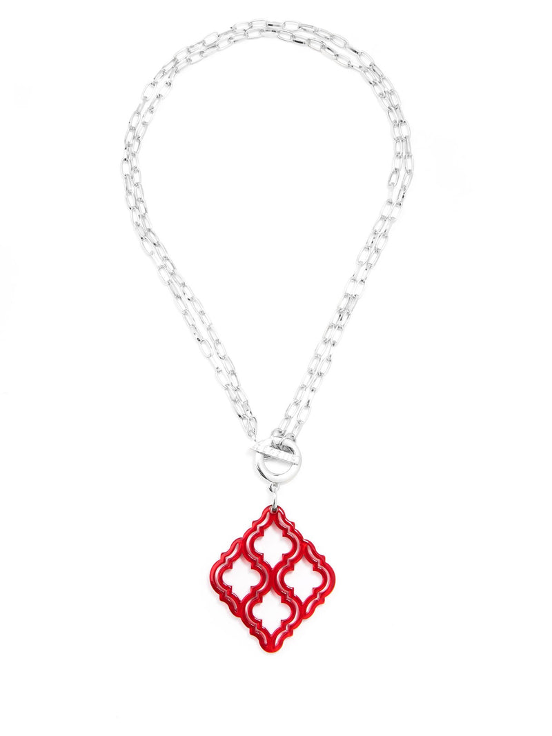 Imperial Lattice Pendant Necklace - Silver/Red