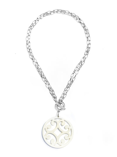 Circle Scroll Pendant Necklace - Silver and Cream