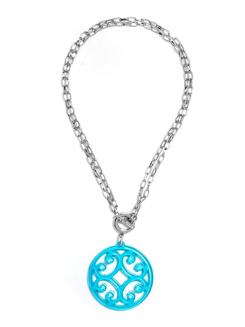 Circle Scroll Pendant Necklace - Silver and Neon Blue