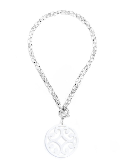 Circle Scroll Pendant Necklace - Silver and White