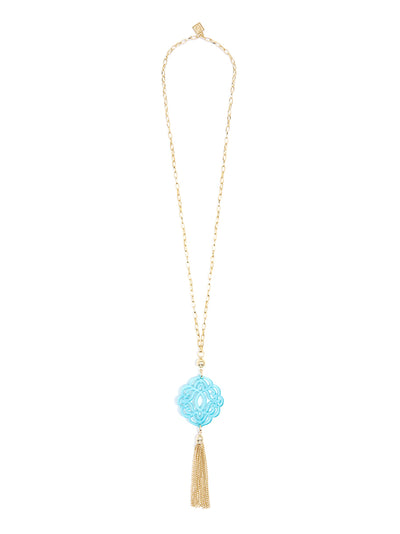 Baroque Resin Pendant Necklace with Tassel - Bright Blue