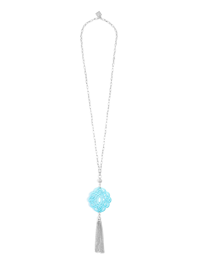 Baroque Resin Pendant Necklace with Tassel - Silver and Bright Blue