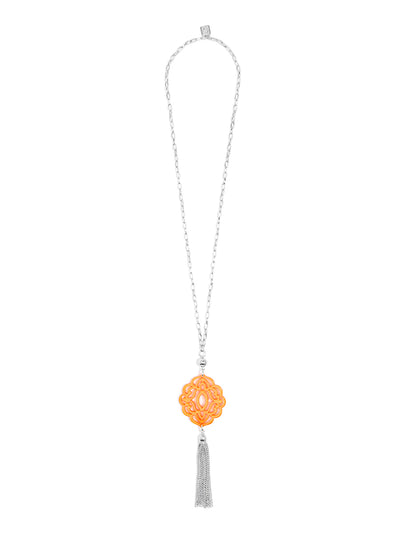 Baroque Resin Pendant Necklace with Tassel - Silver and Bright Orange