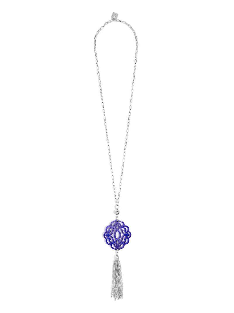 Baroque Resin Pendant Necklace with Tassel - Silver and Cobalt