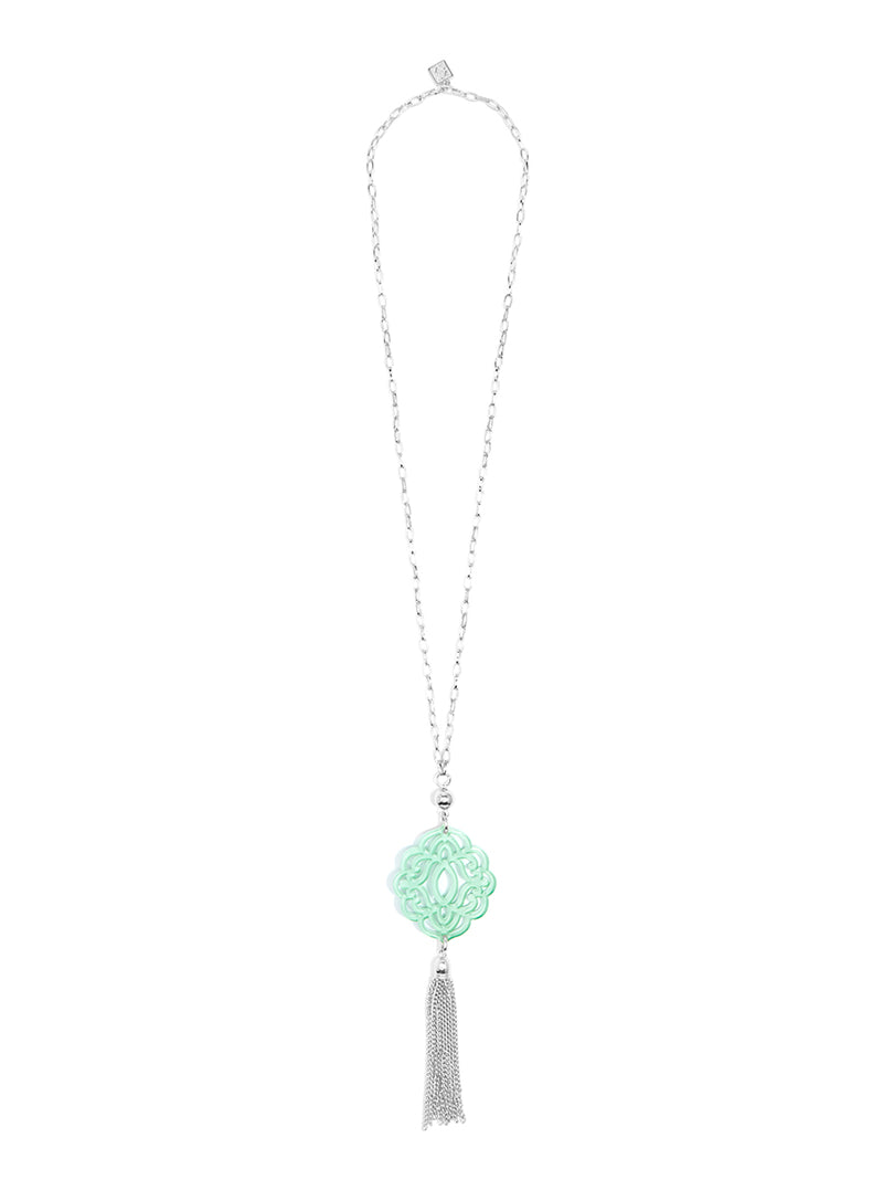 Baroque Resin Pendant Necklace with Tassel - Silver and Mint