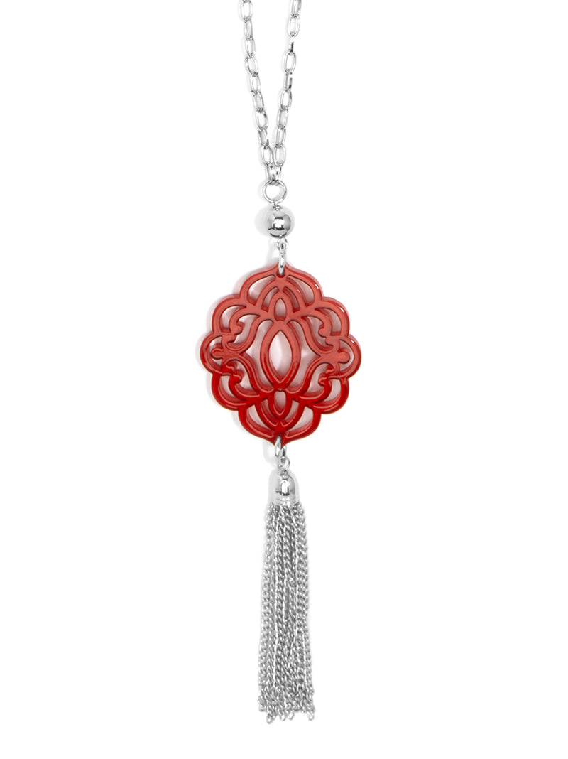 Baroque Resin Pendant Necklace with Tassel - Silver and red