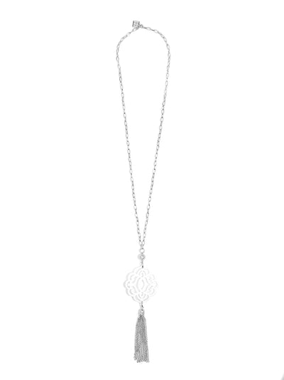 Baroque Resin Pendant Necklace with Tassel - Silver and White