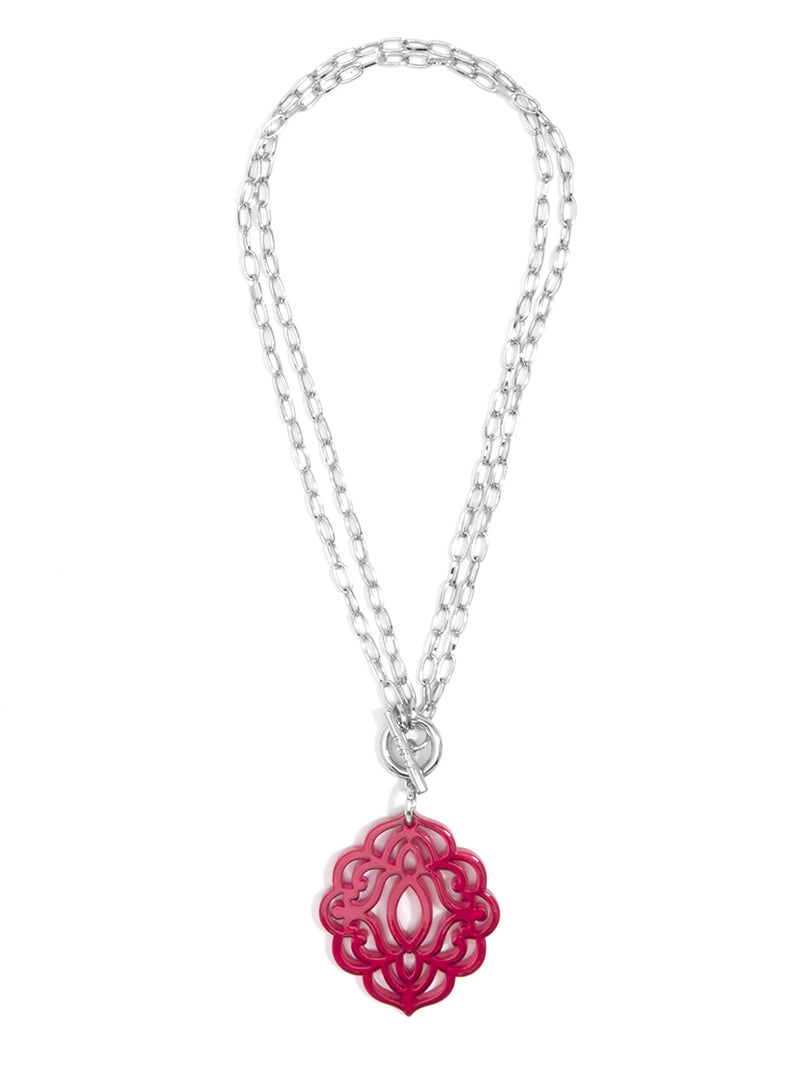 Baroque Resin Pendant Necklace - Silver and hot pink