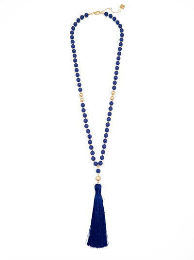 Matte Beaded Necklace with Tassel - navy
