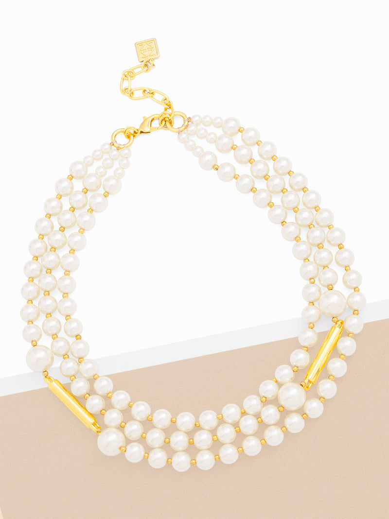 Layered Pearl Collar Necklace with Metal Bar