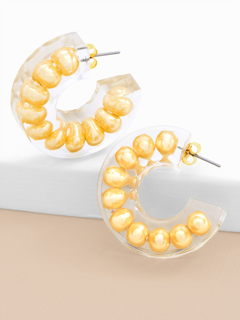 Chunky Clear Lucite Pearl Open Hoop Earring