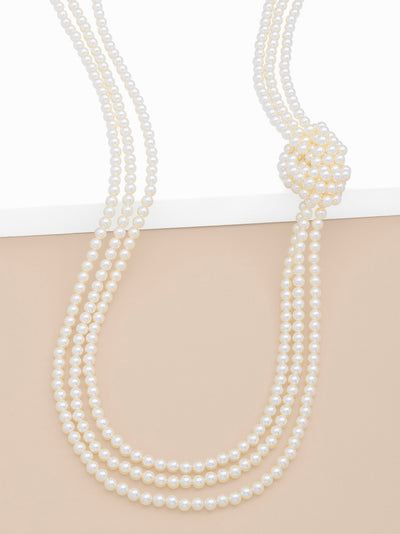 Long Layered Side Knot Pearl Necklace