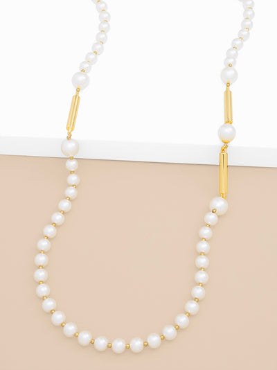 Long Pearl Necklace with Metal Bar