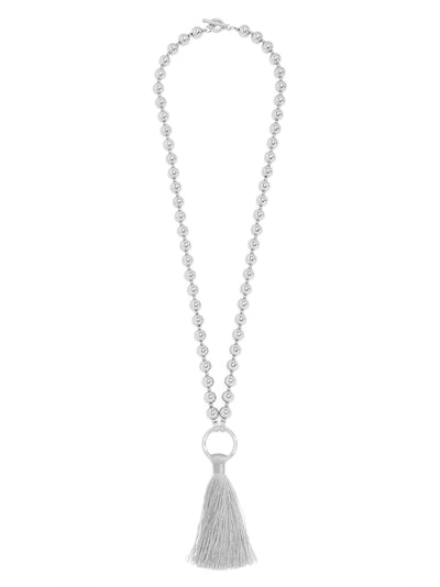 Metal Beaded Long Necklace with Tassel and Circle Charm