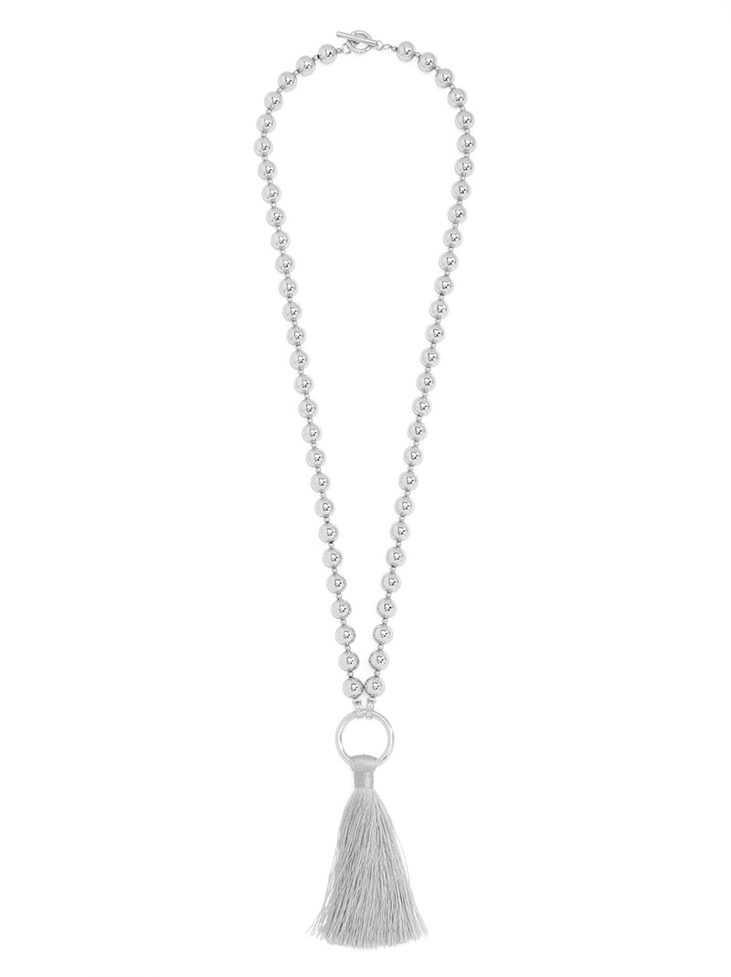 Metal Beaded Long Necklace with Tassel and Circle Charm