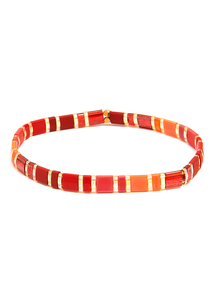 Striped Beaded Stretch Bracelet - D.RED
