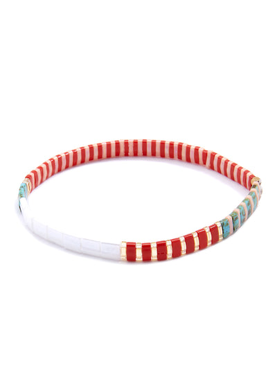 Striped Beaded Stretch Bracelet - red