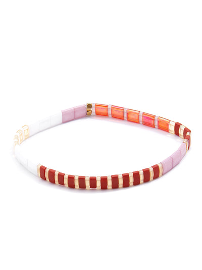 Striped Beaded Stretch Bracelet - ruby