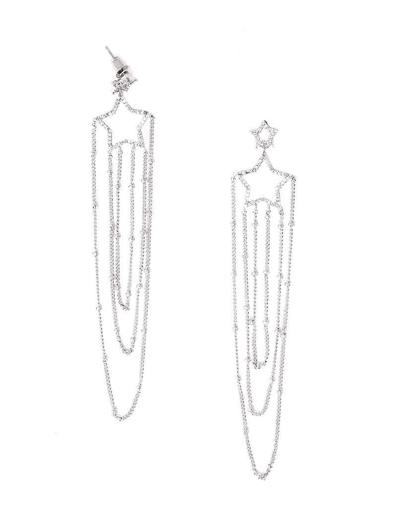Pave Star and Chain Drop Earring - Silver and Clear 