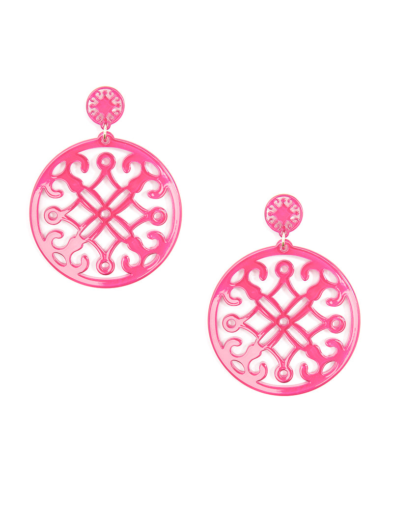 Resin Statement Circle Drop Earring - Neon Pink