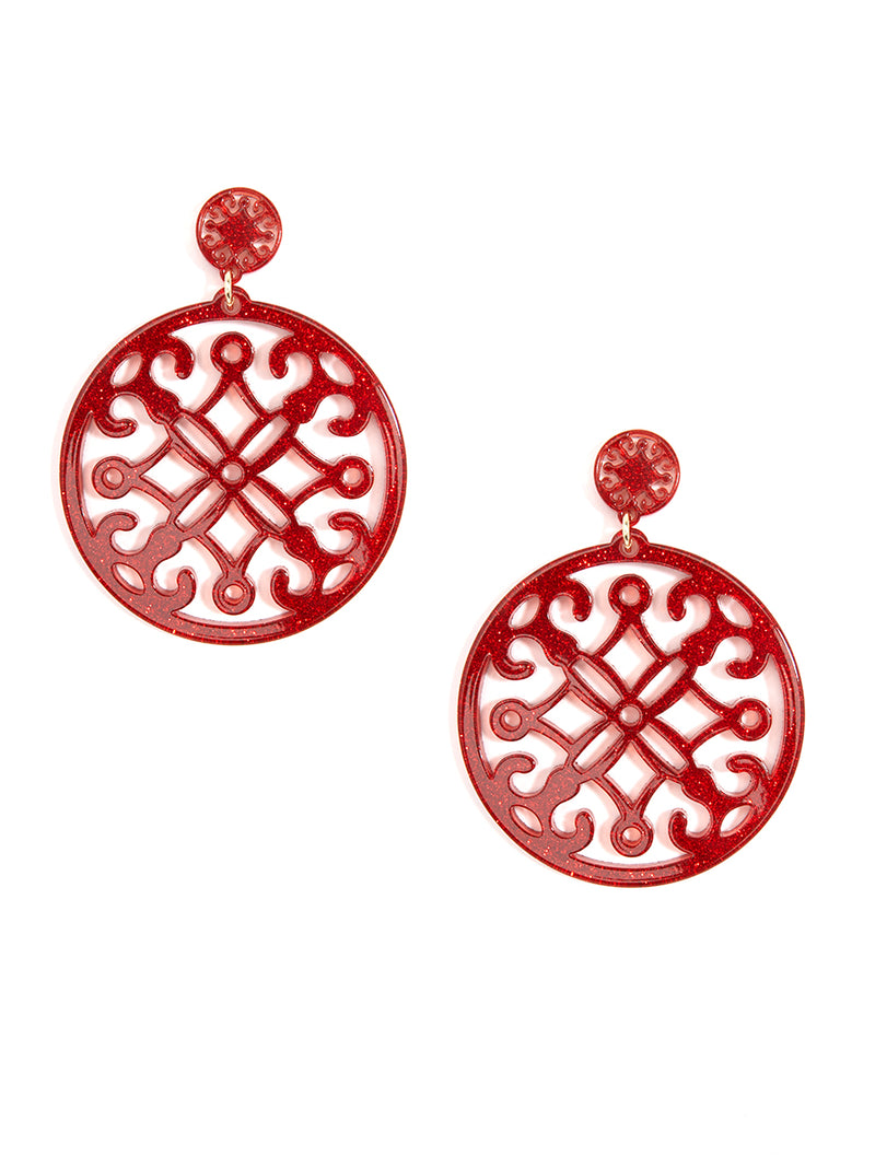 Resin Statement Circle Drop Earring - red and glitter 
