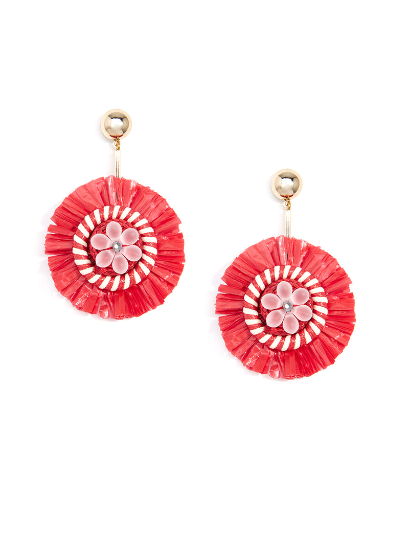 Raffia Pinwheel Drop Earring - Coral