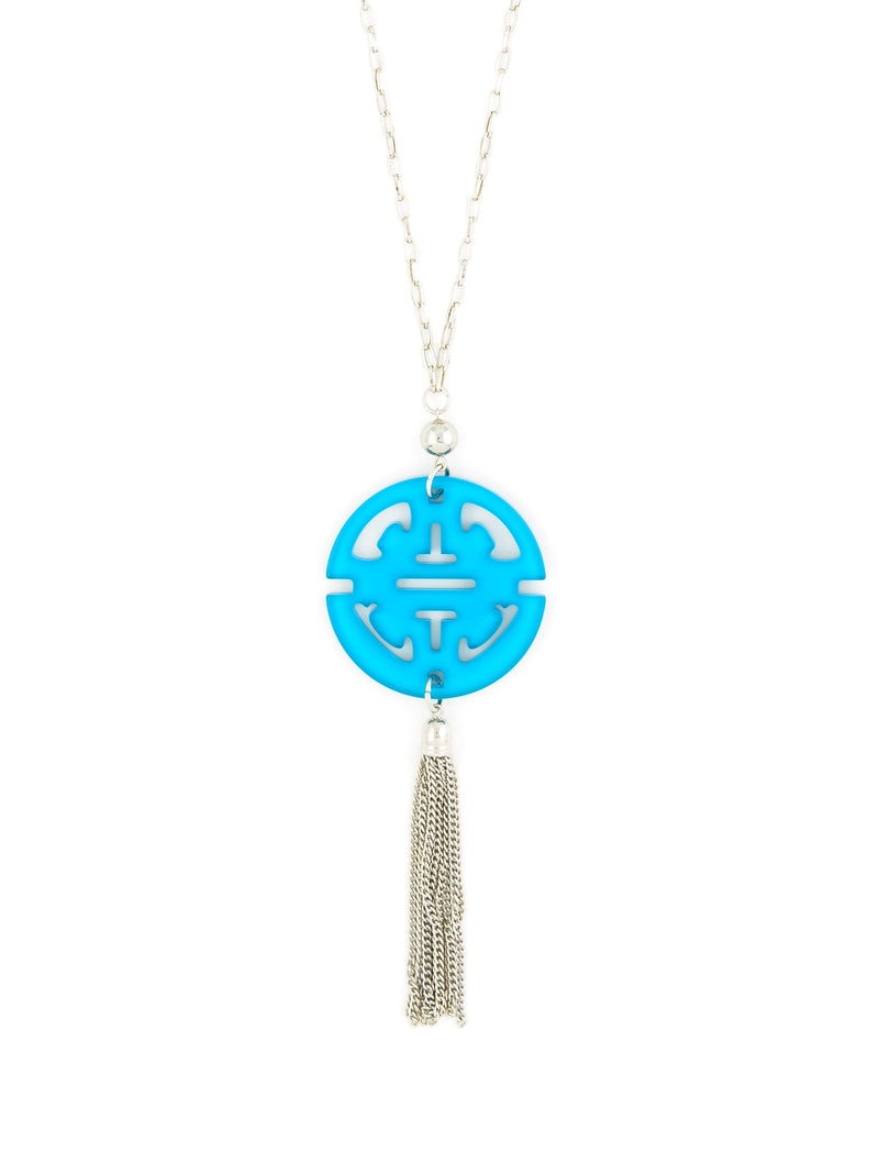 Travel Tassel Pendant Necklace  - color is Silver/Neon Blue | ZENZII Wholesale