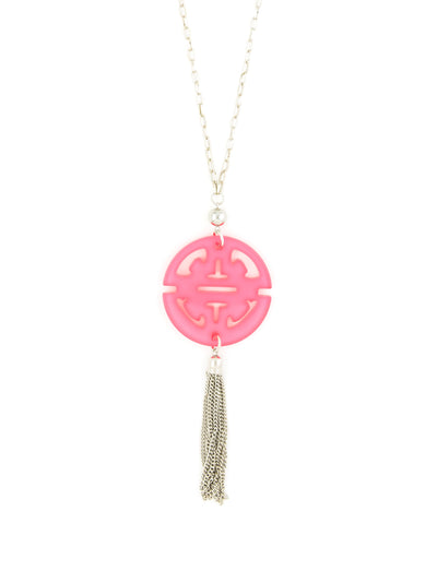 Travel Tassel Pendant Necklace  - color is Silver/Neon Pink | ZENZII Wholesale