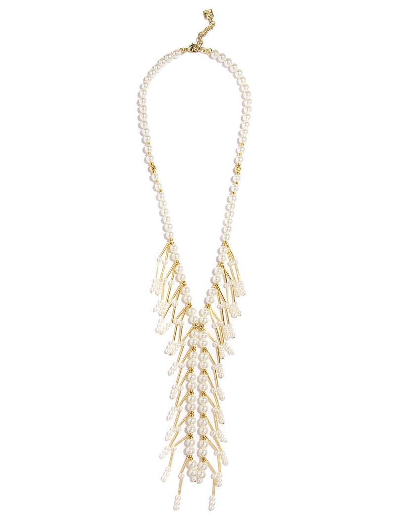 Pearl Y Long Necklace with Pear and Gold Bar Drop-PRL