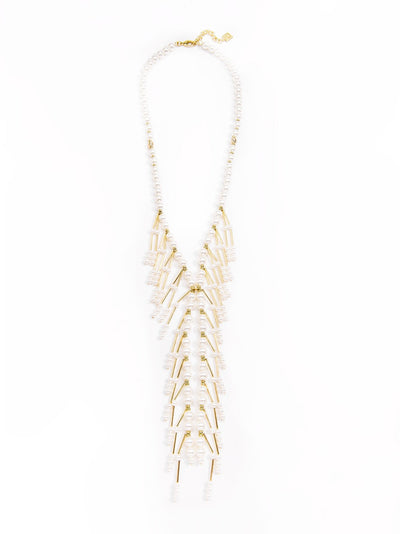 Pearl Y Long Necklace with Pear and Gold Bar Drop-PRL
