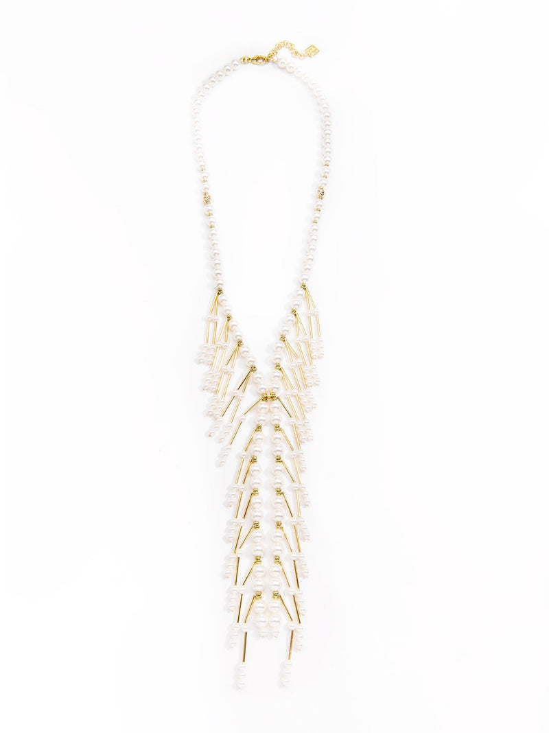 Pearl Y Long Necklace with Pear and Gold Bar Drop-PRL