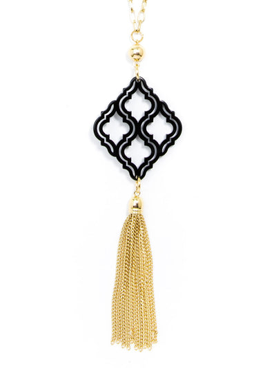 Lattice Pendant with Tassel Necklace - black