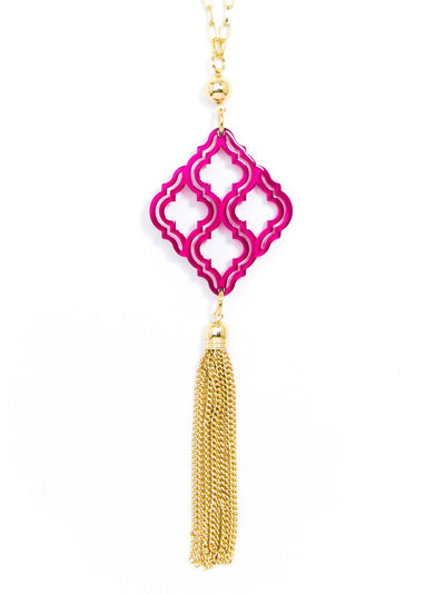 Lattice Pendant with Tassel Necklace - hot pink