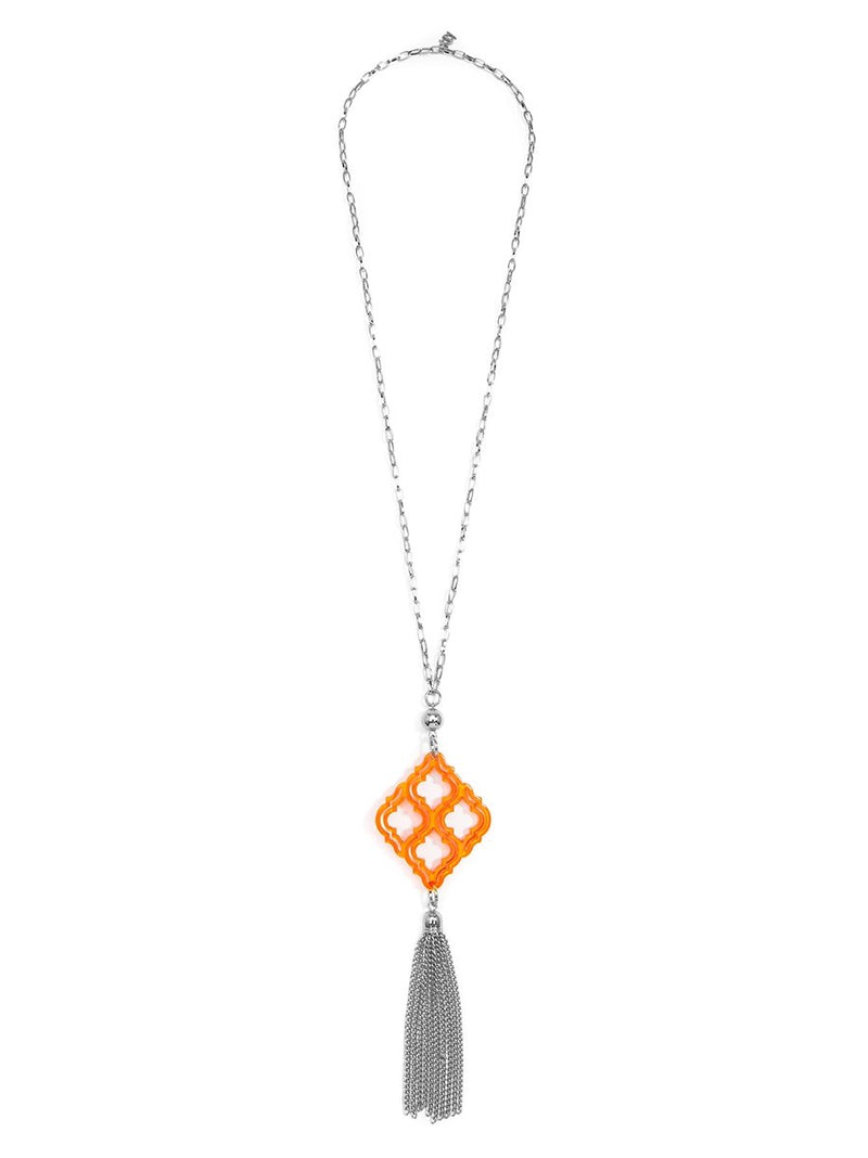 Lattice Tassel Pendant Necklace- silver/bright orange