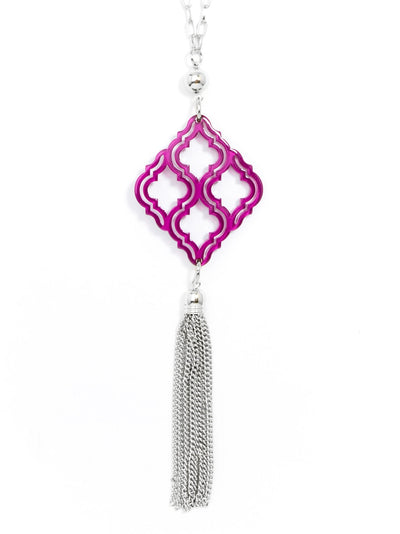 Lattice Pendant with Tassel Necklace - silver/berry