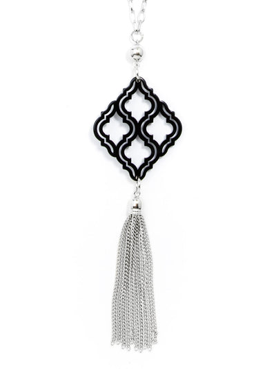Lattice Pendant with Tassel Necklace - silver/black