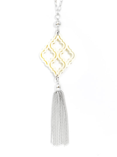 Lattice Pendant with Tassel Necklace - silver/cream