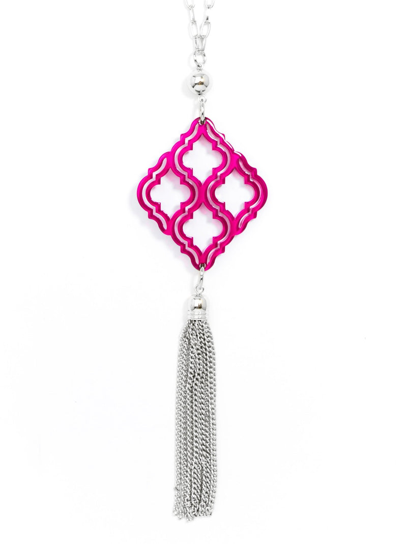 Lattice Pendant with Tassel Necklace - silver/hot pink