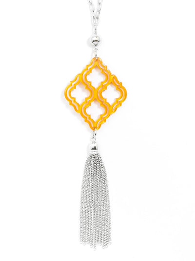 Lattice Pendant with Tassel Necklace - silver/honey
