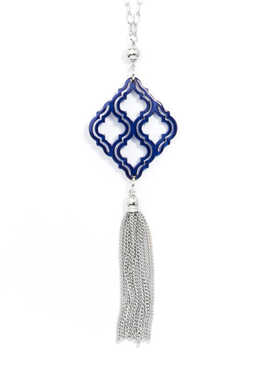 Lattice Pendant with Tassel Necklace - silver/navy