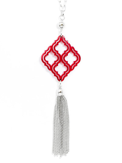 Lattice Pendant with Tassel Necklace - silver/red