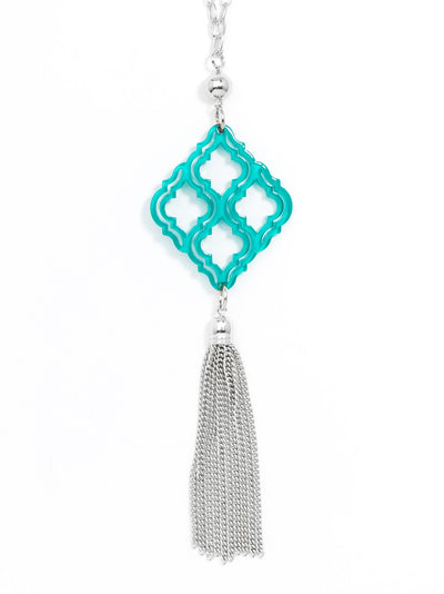 Lattice Pendant with Tassel Necklace - silver/teal