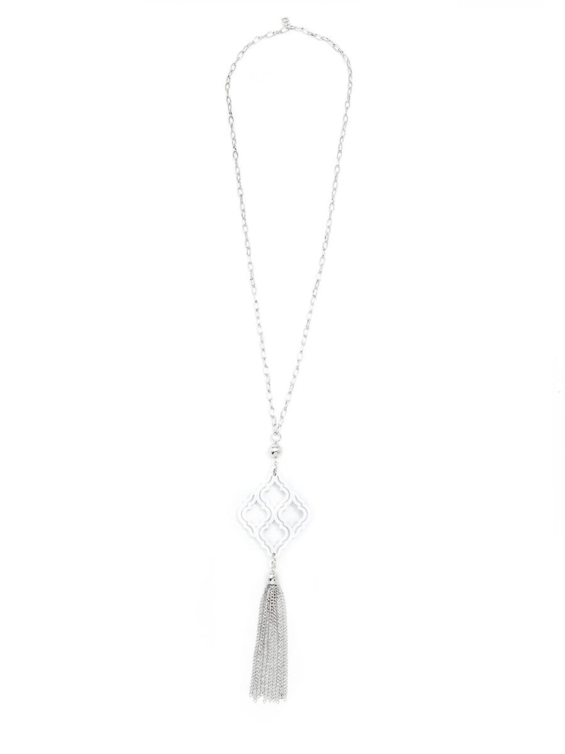 Lattice Tassel Pendant Necklace - Silver/White