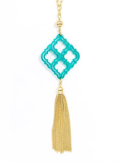 Lattice Pendant with Tassel Necklace - teal