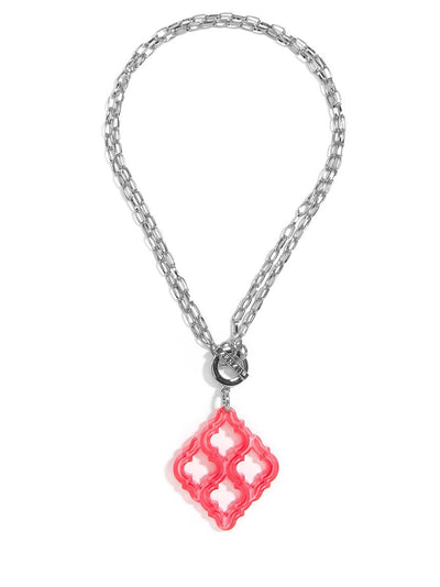 Lattice Pendant Necklace - Silver/Neon Pink