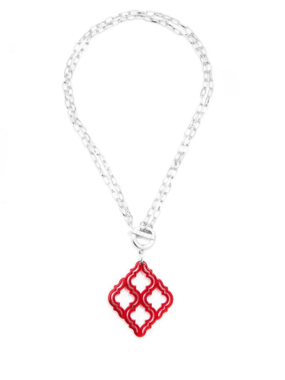 Imperial Lattice Pendant Necklace - Silver/Red