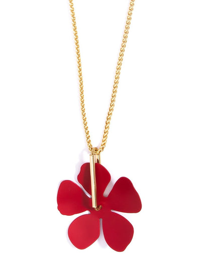 Long Chain Loop Metal Flower Necklace- Gold/red