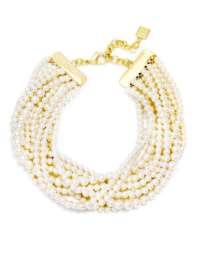 10 strands of small pearl chains form a collar necklace